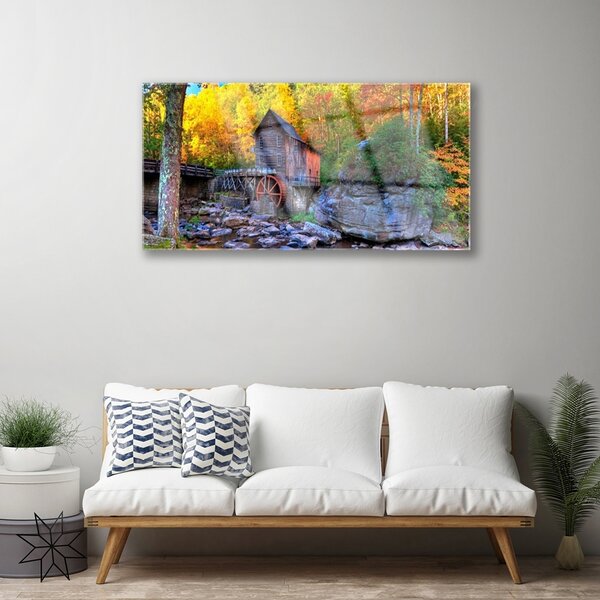 Quadro su vetro Mulino ad acqua Foresta d'autunno 100x50 cm 2 appendini