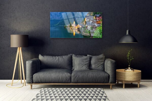 Quadro vetro Montagne Città Lago di Notte 100x50 cm 2 appendini