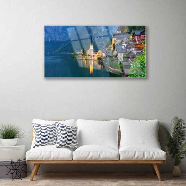 Quadro vetro Montagne Città Lago di Notte 100x50 cm 2 appendini