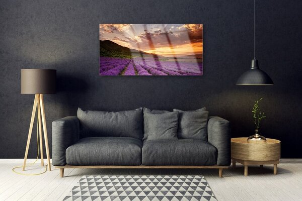 Quadro di vetro Campo di lavanda al tramonto 100x50 cm 2 appendini