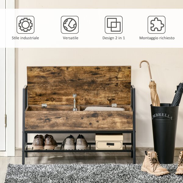 HOMCOM scarpiera salvaspazio in Stile Industriale con Vano, Panca in Legno e Metallo, Marrone Rustico, 90x37x60cm| Aosom Italy