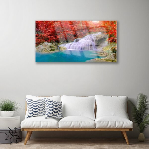 Quadro su vetro Foresta di cascate autunnali 100x50 cm 2 appendini