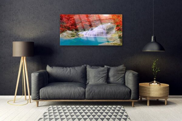 Quadro su vetro Foresta di cascate autunnali 100x50 cm 2 appendini