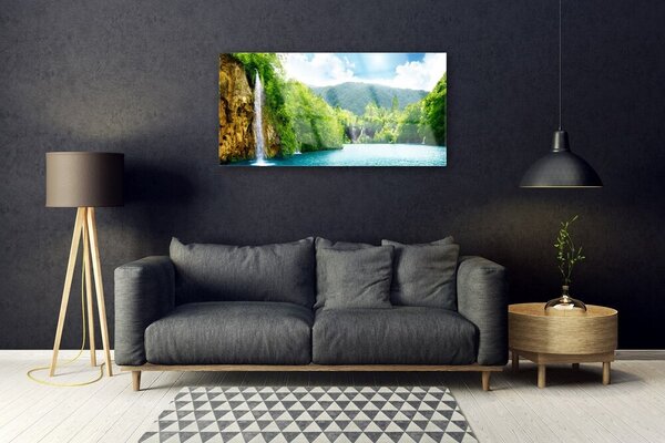 Quadro su vetro Montagne Foresta Lago Natura 100x50 cm 2 appendini