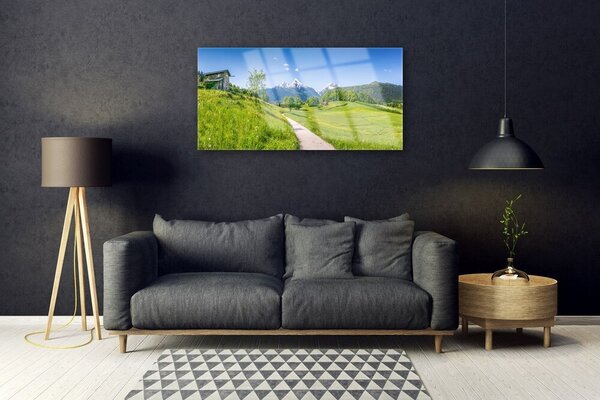 Quadro di vetro Montagne Prato Valle Sentiero 100x50 cm 2 appendini