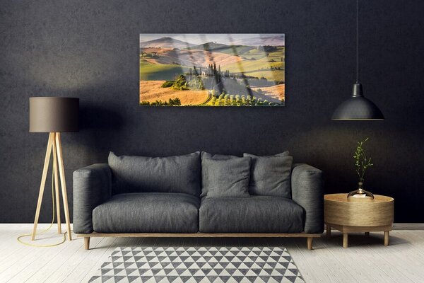 Quadro vetro Paesaggio dei prati di Upland Cottage 100x50 cm 2 appendini