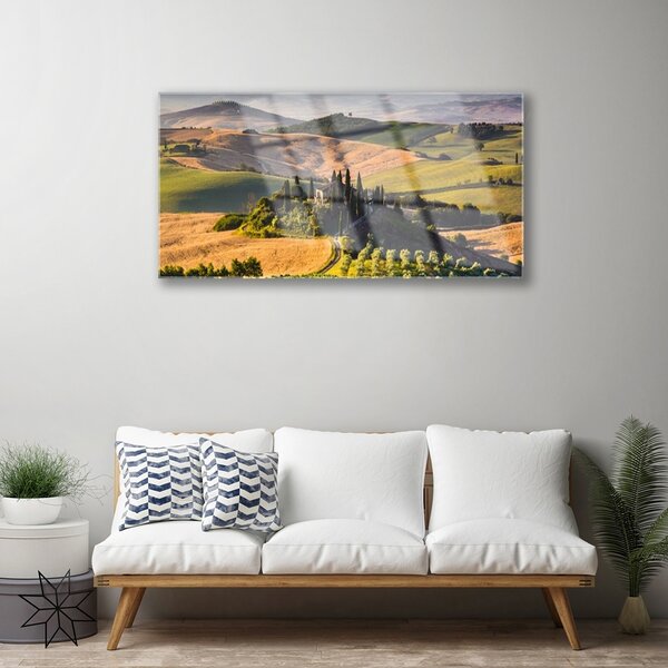 Quadro vetro Paesaggio dei prati di Upland Cottage 100x50 cm 2 appendini