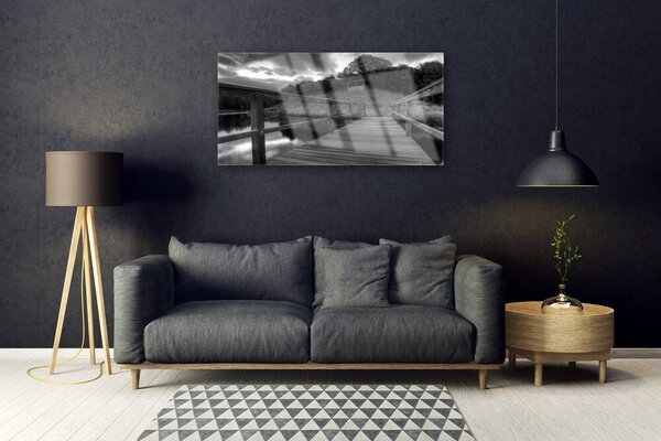Quadro in vetro Molo del lago bianco e nero 100x50 cm 2 appendini