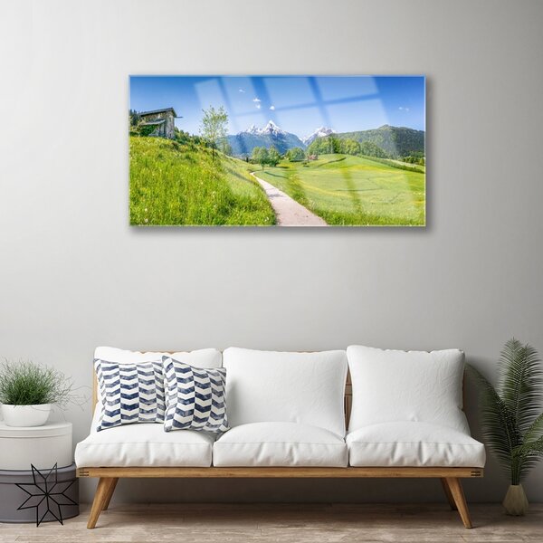 Quadro di vetro Montagne Prato Valle Sentiero 100x50 cm 2 appendini