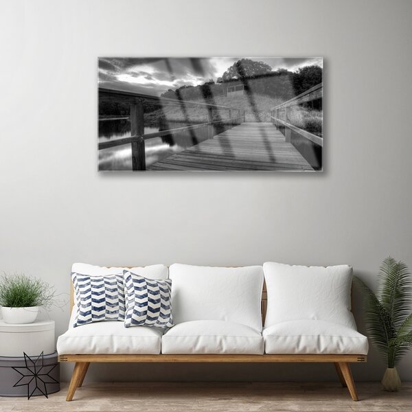 Quadro in vetro Molo del lago bianco e nero 100x50 cm 2 appendini