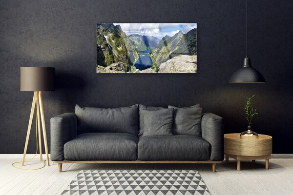 Quadro su vetro Montagne Valle Laghi Cime 100x50 cm 2 appendini