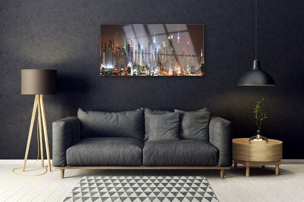 Quadro vetro Città della notte New York 100x50 cm 2 appendini