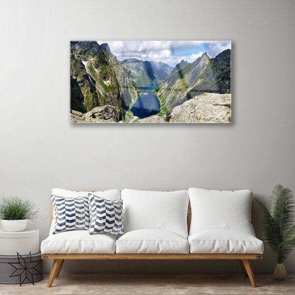 Quadro su vetro Montagne Valle Laghi Cime 100x50 cm 2 appendini