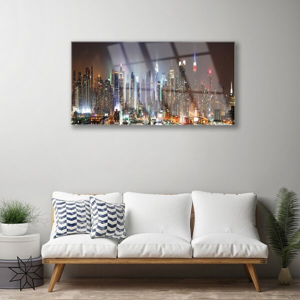 Quadro vetro Città della notte New York 100x50 cm 2 appendini