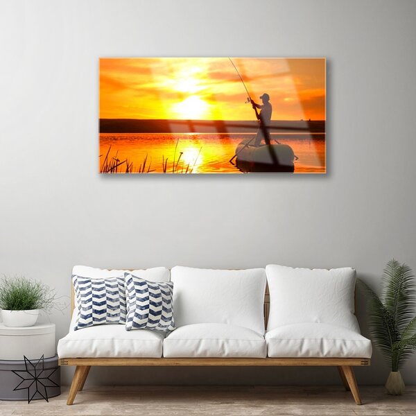 Quadro vetro Pescatore Lago Ovest 100x50 cm 2 appendini