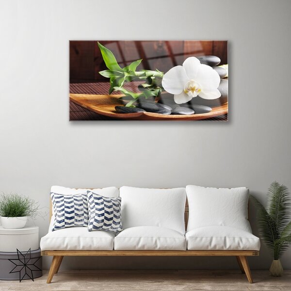 Quadro su vetro Bambù Zen Orchidea bianca 100x50 cm 2 appendini
