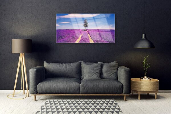 Quadro su vetro Albero del campo di lavanda 100x50 cm 2 appendini