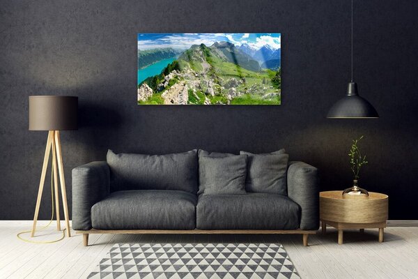 Quadro in vetro Prato Montagne Paesaggio Natura 100x50 cm 2 appendini
