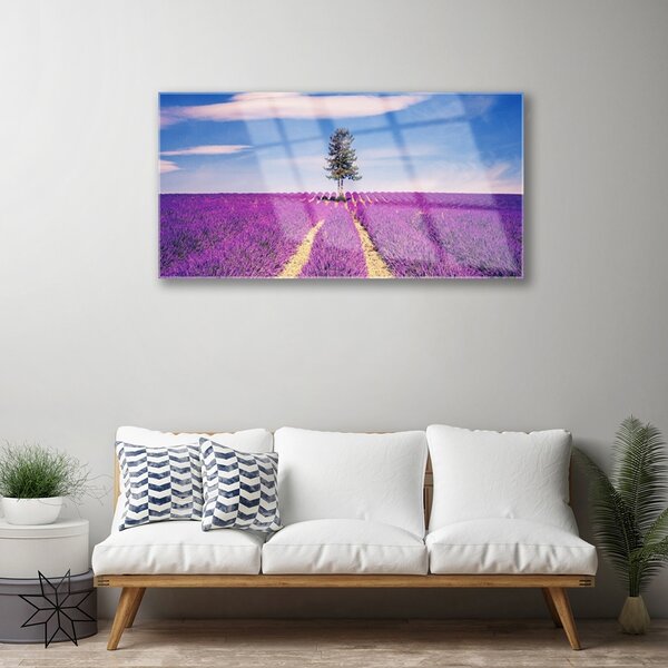 Quadro su vetro Albero del campo di lavanda 100x50 cm 2 appendini