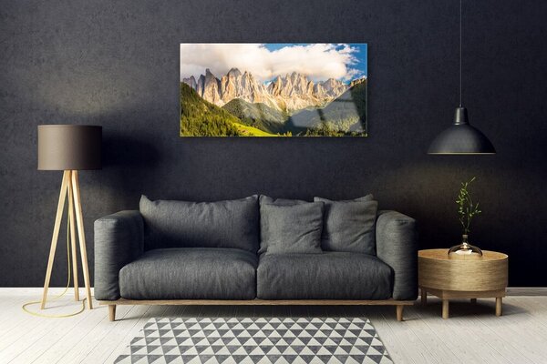Quadro vetro Cime delle montagne Nuvole Foreste Prato 100x50 cm 2 appendini