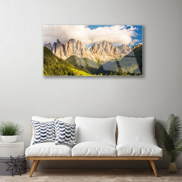 Quadro vetro Cime delle montagne Nuvole Foreste Prato 100x50 cm 2 appendini