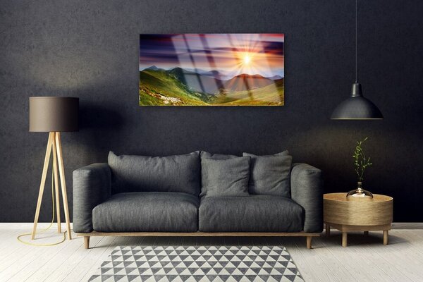 Quadro di vetro Montagne Tramonto Paesaggio 100x50 cm 2 appendini