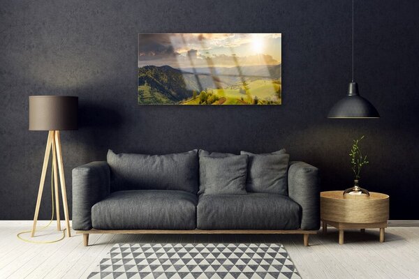 Quadro in vetro Montagne Prato Tramonto 100x50 cm 2 appendini