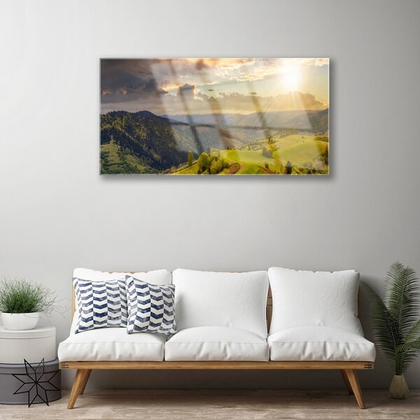 Quadro in vetro Montagne Prato Tramonto 100x50 cm 2 appendini