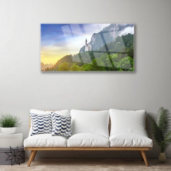 Quadro vetro Castello in montagna Paesaggio forestale 100x50 cm 2 appendini