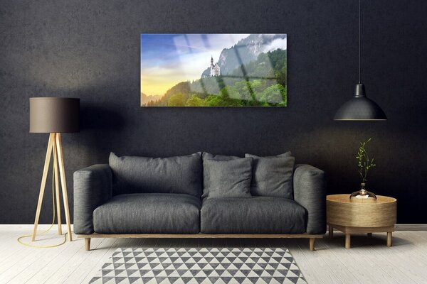 Quadro vetro Castello in montagna Paesaggio forestale 100x50 cm 2 appendini
