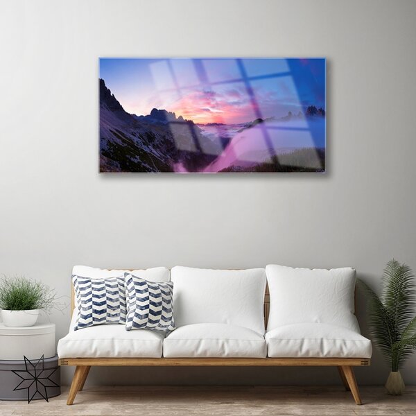 Quadro in vetro Alba delle montagne nebbiose 100x50 cm 2 appendini