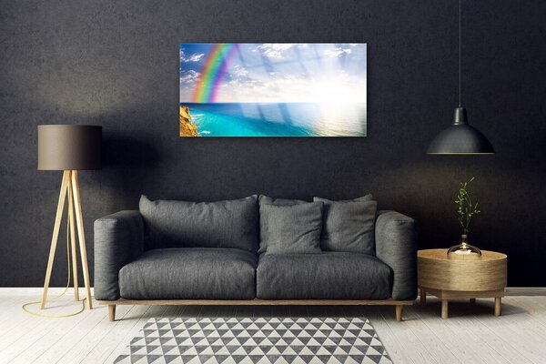 Quadro vetro Paesaggio Arcobaleno sul mare 100x50 cm 2 appendini