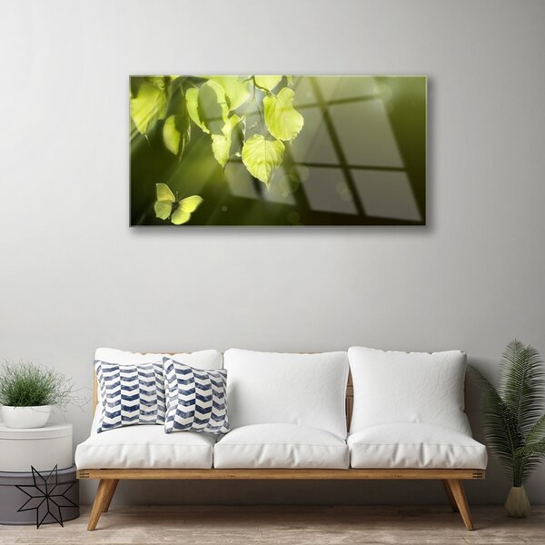 Quadro in vetro Foglie Raggi di sole 100x50 cm 2 appendini