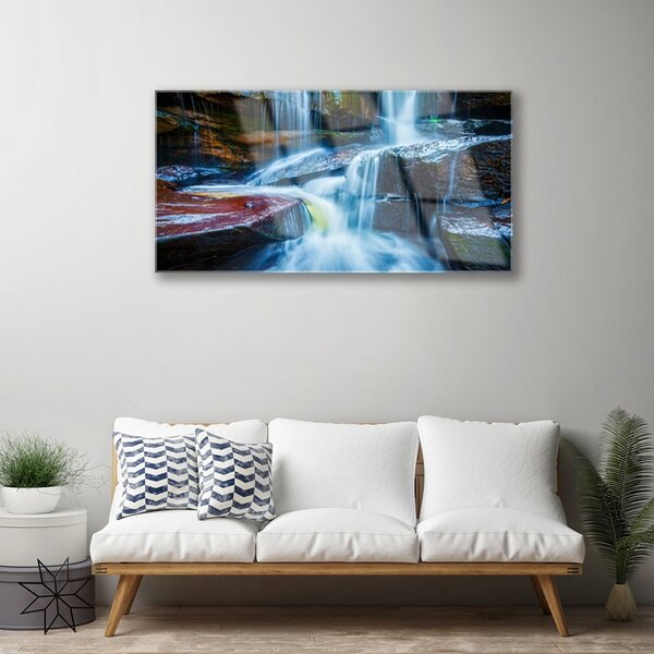 Quadro di vetro Rocce Cascata Fiume Natura 100x50 cm 2 appendini