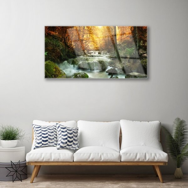 Quadro vetro Cascata Natura Foresta Autunno 100x50 cm 2 appendini