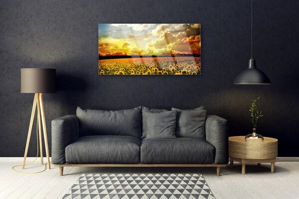 Quadro su vetro Paesaggio del campo di girasoli 100x50 cm 2 appendini