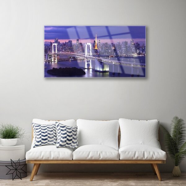 Quadro di vetro Architettura della città del ponte 100x50 cm 2 appendini