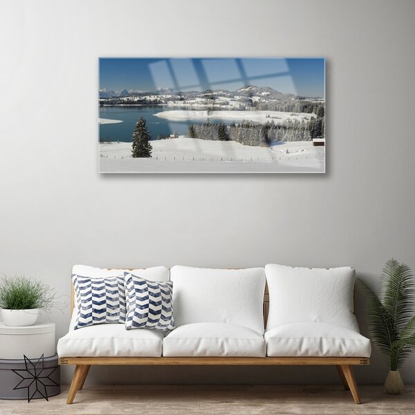 Quadro di vetro Lago Neve Terra Montagna 100x50 cm 2 appendini