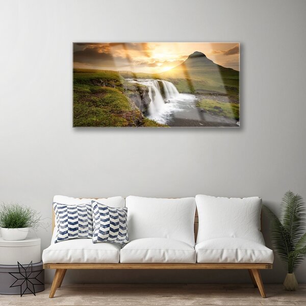 Quadro in vetro Montagne Cascata Natura 100x50 cm 2 appendini