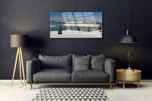 Quadro di vetro Lago Neve Terra Montagna 100x50 cm 2 appendini
