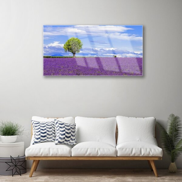 Quadro vetro Campo di lavanda Albero della natura 100x50 cm 2 appendini