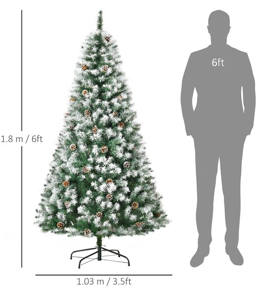 HOMCOM Albero di Natale Artificiale Innevato 180cm con 800 Rami e Pigne, Apertura Automatica e Base Pieghevole, Verde