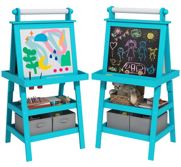 AIYAPLAY Lavagna per Bambini con Cavalletto 3 in 1, Rotolo di Carta e 2 Contenitori, in Legno, 59x48x118 cm, Blu
