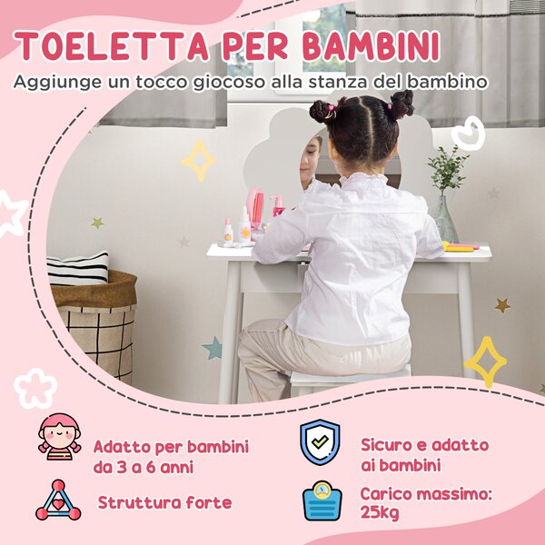 AIYAPLAY Set da Trucco per Bambine 3-6 Anni con Sgabello e Tavolo Toeletta con Specchio e Cassetto in Legno Bianco