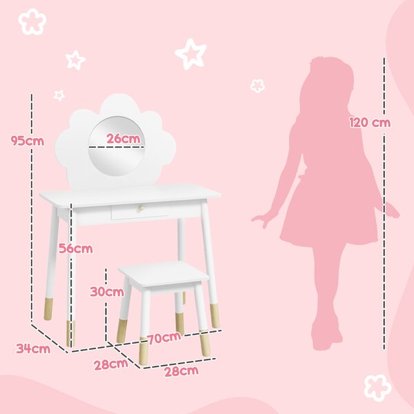 AIYAPLAY Set da Trucco per Bambine 3-6 Anni con Sgabello e Tavolo Toeletta con Specchio e Cassetto in Legno Bianco