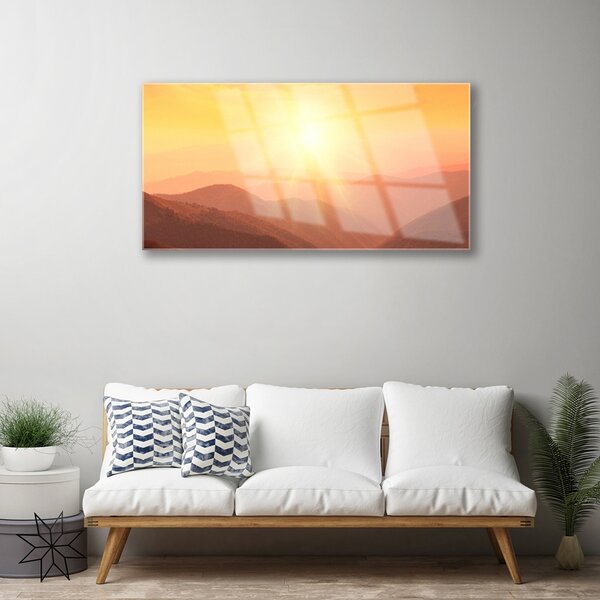 Quadro su vetro Paesaggio delle montagne del sole 100x50 cm 2 appendini