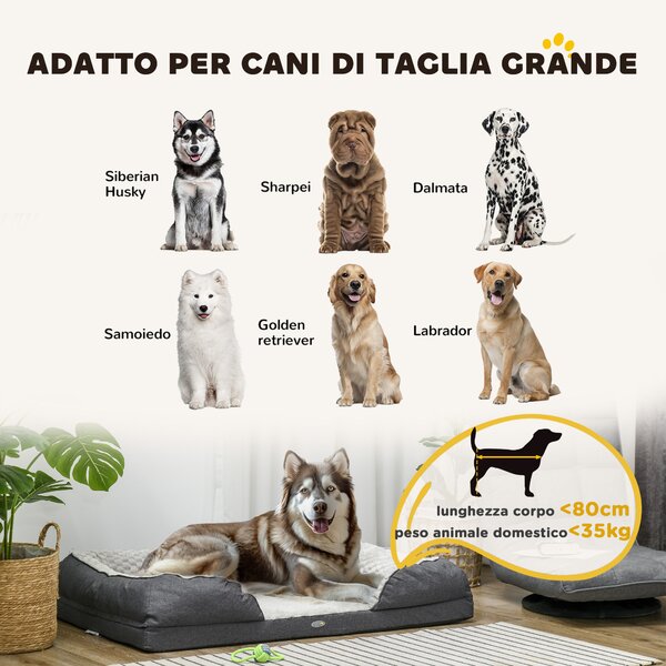 PawHut Lettino per Cani Taglia Grande Imbottito con Cuscino Rimovibile Lavabile, 120x80x22cm, Grigio Carbone