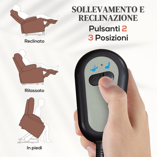 HOMCOM Poltrona Relax Alzapersona in Velluto con Schienale Reclinabile a 160° con Telecomando, Marrone Scuro