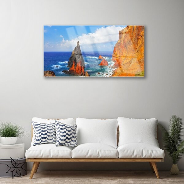 Quadro in vetro Scogliera Costa Mare 100x50 cm 2 appendini