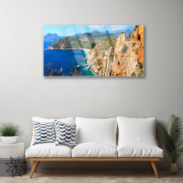 Quadro di vetro Scogliera Costa Mare Montagne 100x50 cm 2 appendini